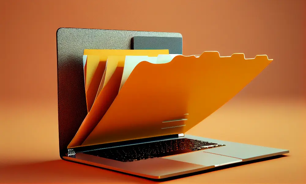 una laptop abierta con documentos simulando documentos digitales pero con representación física